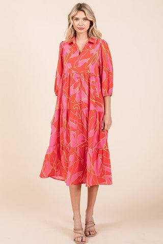 Tiered Collared Neck Vacation Midi Dress