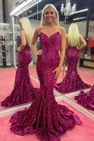 Strapless Sequins Fuchsia Mermaid Prom Dress