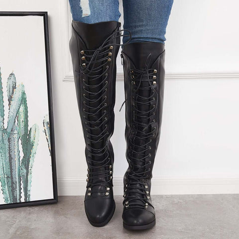 Chunky Heel Lace Up Over The Knee Thing High Riding Boots