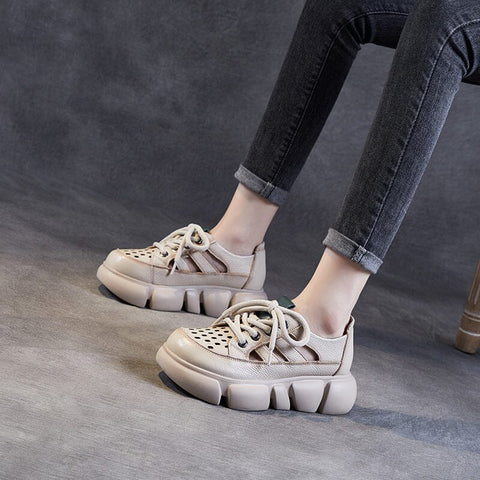 Summer Hollow Retro Leather Casual Platform Sandals