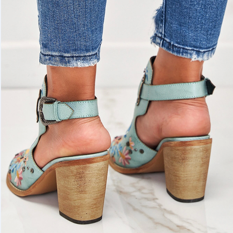 Pink Cutout Embroidered Chunky Heels Ankle Strap Slingback Sandals