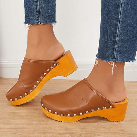 Women Casual Heeled Mules Closed Toe Slip-on Slide Sandals