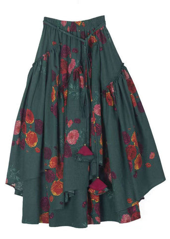 Style Green Asymmetrical Print Elastic Waist A Line Skirt Fall