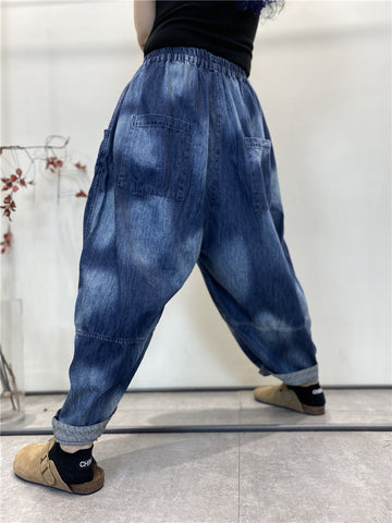 Women Summer Vintage Tie-dye Spliced Denim Harem Pants