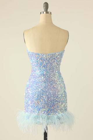Pink Sequin Homecoming Dress with Feathers