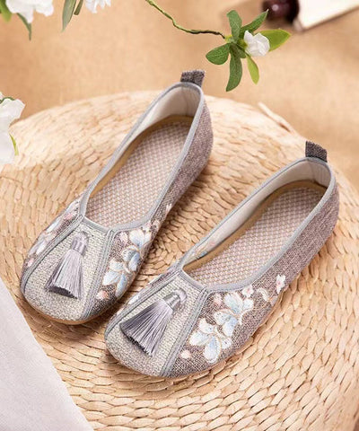 Boho Weiße Quastenstickerei Leinenstoff Plattfußschuhe