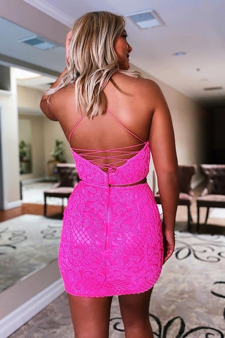 Two Piece Spaghetti Straps Hot  Short Homecoming Dress with Appliques