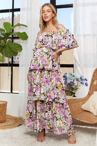 Layered Floral Off-Shoulder Short Sleeve Summer Maxi Dress