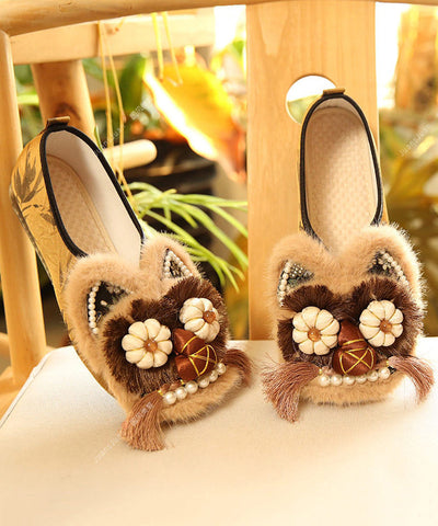 Braune flache Schuhe Baumwollstoff Neue Quaste Stickerei