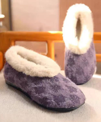 Lila Baumwollstoff Bequeme flache Schuhe mit flauschigem Wollfutter