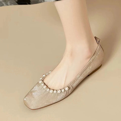 Women Bead Square Toe Flats Shoes Shallow Elegant Ballet Dance Soft Sole Shoes 2024 Autumn Dress Party Shoes Comfort Zapatos
