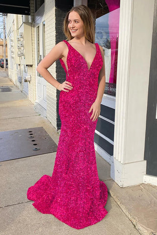 Mermaid Deep V Neck Purple Sequins Prom Dress with Open Back