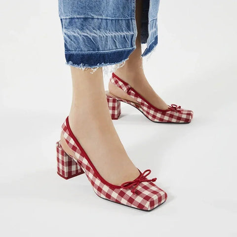 New DesignWomen Chunky Heeled Sandals Retro SquareToe Mary JanesPumpsSlingbacks Spring Summer High Heels  Plaid Shoes