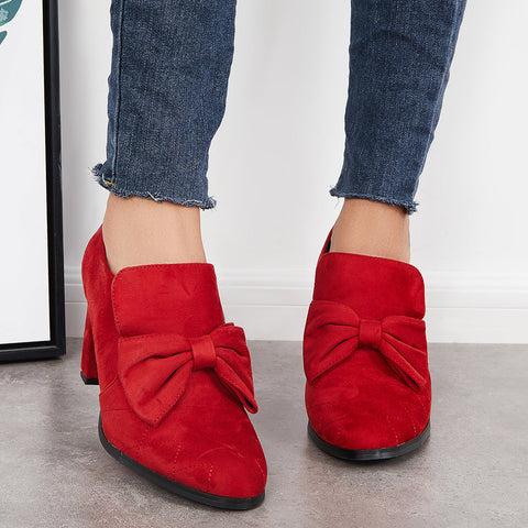 Bowknot Pointed Toe Chunky High Heel Pumps Slip on Dress Shoes