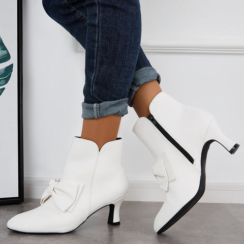 Bowknot Kittten Heel Ankle Boots Side Zipper Dress Short Booties