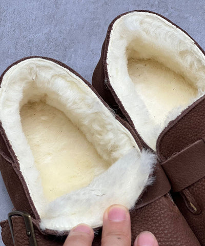 Coffee Cowhide Leather Flats Fuzzy Wool Lined Comfy Buckle Strap Flats