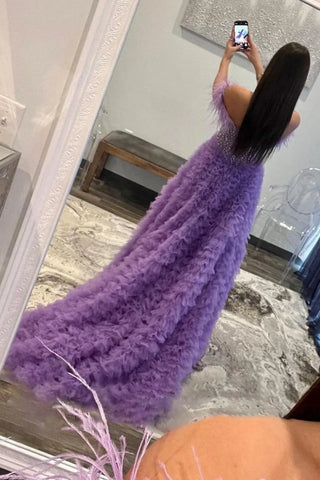 Purple Off the Shoulder Tulle Tiered A-Line Long Corset Prom Dress with Feather