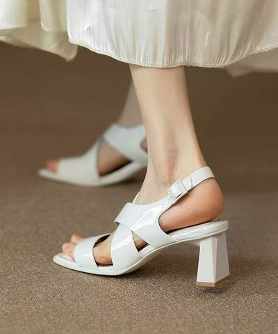 Hollow Out Splicing Chunky Heel Sandals White Faux Leather