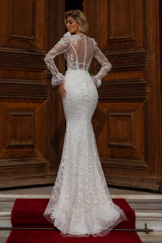 Long Sleeves Mermaid Wedding Dress Lace V-Neck