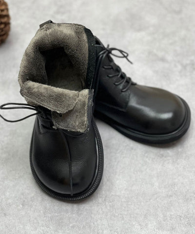 Coffee Boots Cowhide Leather Warm Fleece Beautiful Lace Up Boots