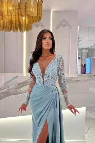 Lange Ärmel V-Ausschnitt Abendkleid Spitze Mit Schlitz Online