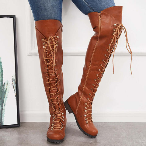 Chunky Heel Lace Up Over The Knee Thing High Riding Boots