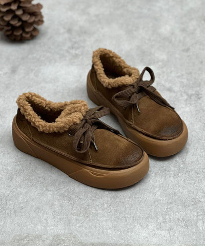 Coffee Flats Lace Up Flat Shoes For Women Fuzzy Wool Lined