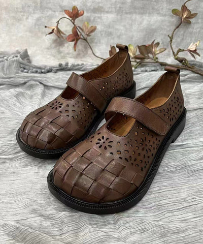 Retro Splicing Hollow Out Flache Schuhe Braunes Rindsleder