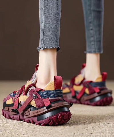 Neu Rot Wildleder Plattform Flache Sport Schuhe Spleißen Lace