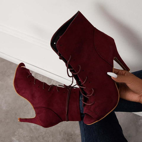 Peep Toe Stiletto High Heel Ankle Boots Lace Up Booties
