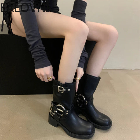 2024 Winter Short Boots For Women Fashion Belt Buckle Biker Boots Female Elegant Square Heel Women's Knight Bootties