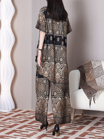 Women Retro Flower Irregular Hem Drawstring Wide-leg Shirt+Pants