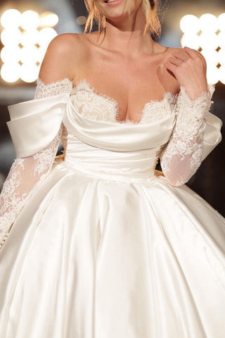 Off-the-Shoulder Long Sleeves Wedding Dress Ball Gown Satin