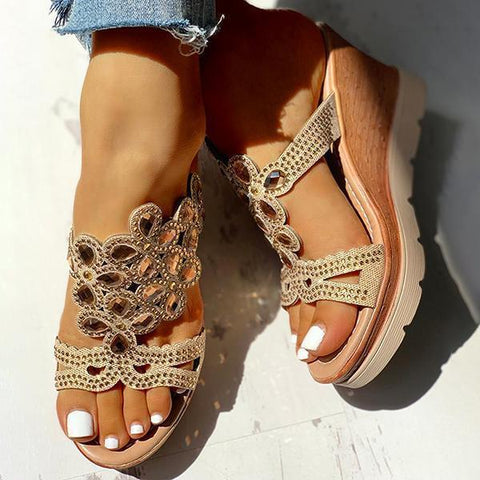 Rhinestone Embellishment Platform Wedges Slip-on Sandals