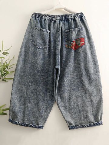 Women Summer Vintage Patch Spliced Worn Denim Pants