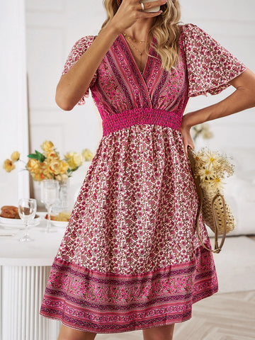 Minikleid mit Blumenmuster, gesmokten Taillenärmeln