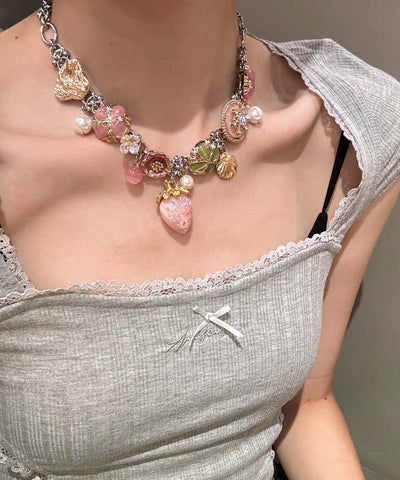 Beautiful Rainbow Stainless Steel Strawberry Sea Of Flowers Pendant Necklace