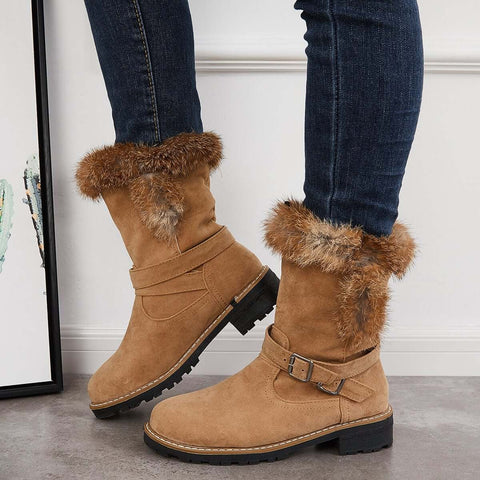 Warm Fur Mid Calf Snow Boots Block Heel Furry Winter Booties