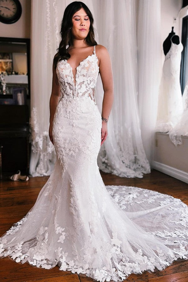 Bmbridal Mermaid Wedding Dress Spaghetti-Straps With Appliques