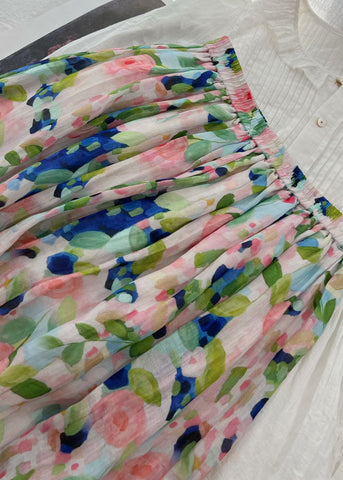 Women Pink Print Wrinkled Patchwork Linen Skirts Summer