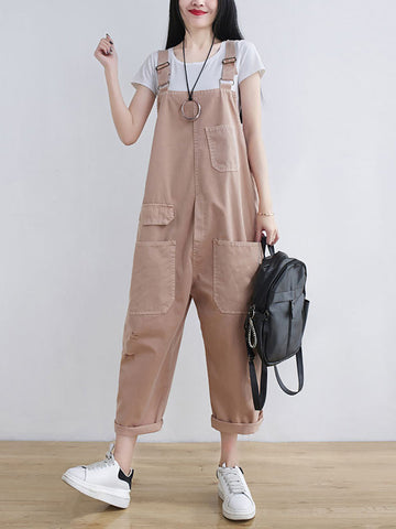 Women Summer Casual Solid Pocket Frayed Loose Jumpsuits