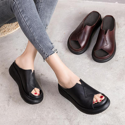 Women 2022 Sewing Platform Casual Leather Slippers