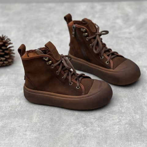 Damen Herbst Retro Leder Flache Stiefeletten