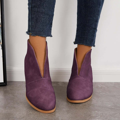 Retro Western V Cut Ankle Boots Slip On Chunky Stacked Heel Booties