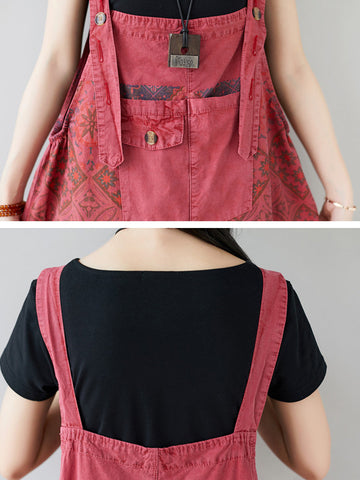 Women Ethnic Print Pocket Button Loose Wide-leg Jumpsuits