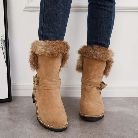 Warm Fur Mid Calf Snow Boots Block Heel Furry Winter Booties