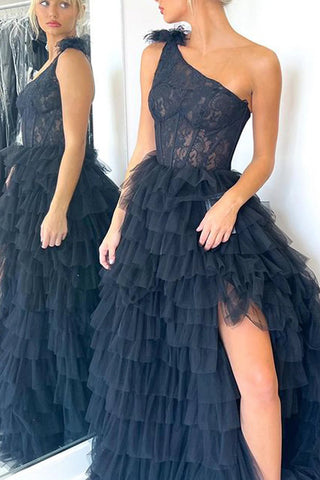 A Line Light Purple One Shoulder Corset Tiered Long Prom Dress with Ruffles