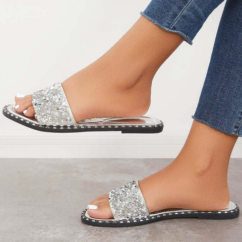 Rhinestone Slip on Flat Sandals Sparkly Slippers