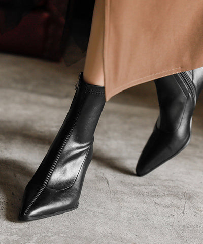 Style Elegant Splicing Chunky Boots Black Pointed Toe