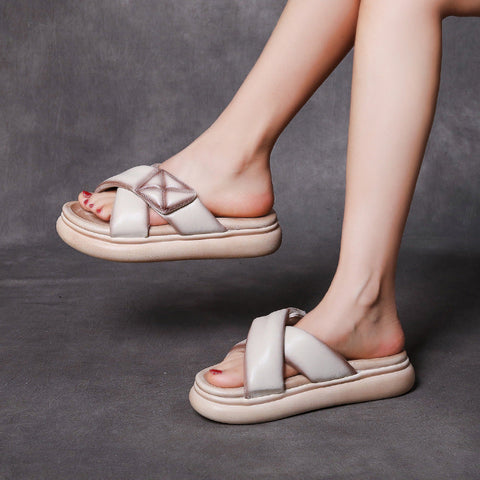 Sheepskin Leather Women 2022 Velcro Tape Flat Slippers